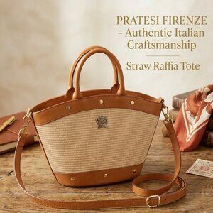 Pratesi Firenze Italian Raffia Handmade Straw/Leather Tote bag detachable strap